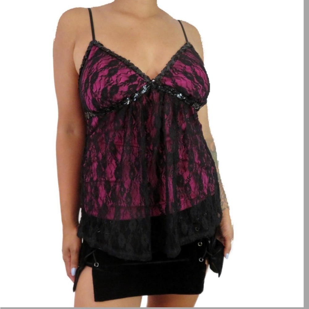 Y2K pink and black lace tank top with sequin details and adjustable straps